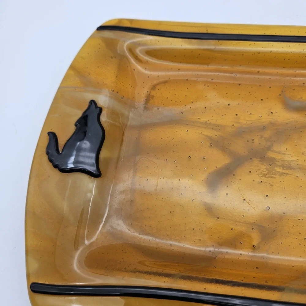 Southwest Coyote Fused Art Slag Glass Platter Dish Brown Black Handmade 14.5